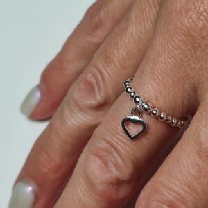 Sterling Silver filled beads ring and solid sterling silver 'Open Heart' Charm